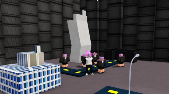 Bathroom Tower Defense X codes: cameramen lined up behind a roblox character