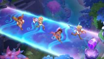 Fae Farm multiplayer: four players running across a magical blue bridge