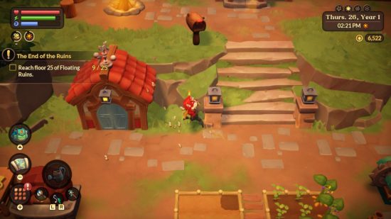Fae Farm review: a player being chased by bees