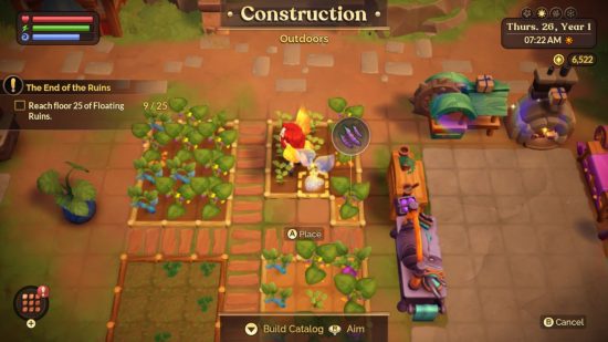 Fae Farm review: the construction mode featuring farm plots and machinery