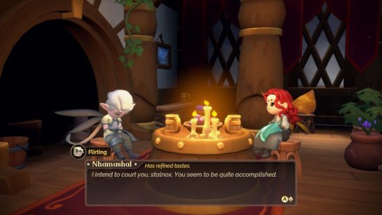 Fae Farm review: two characters on a date inside a tavern