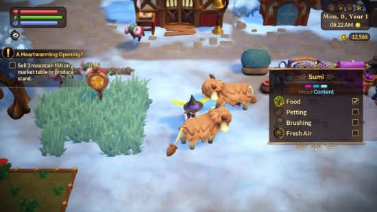 Fae Farm review: two mamoos and a player outside in winter