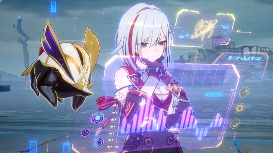 Honkai Star rail Topaz looking at a holographic screen, with Numby floating behind her