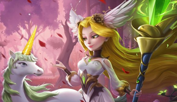 Idle Heroes tier list - a woman holding a staff next to a unicorn