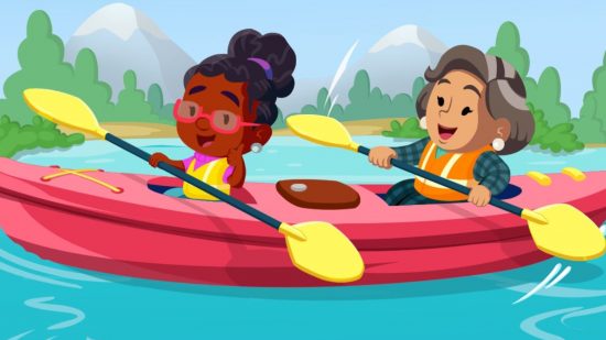 Official artwork for the Monopoly Go Bavarian Adventures event of two women in a kayak