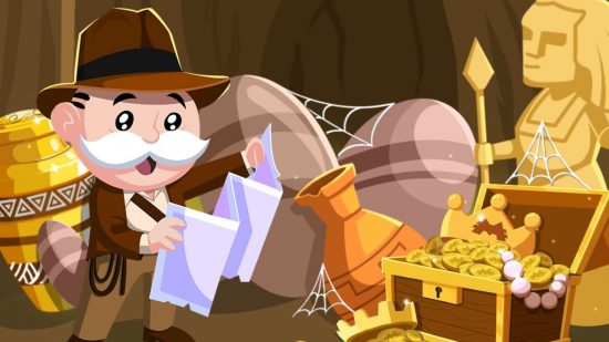 Monopoly Go Epic Myths rewards: a mustached man surrounded by treasure in a cave