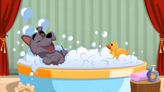 Official Monopoly Go Scottie's Spa Event artwork of a dog in a bubble bath