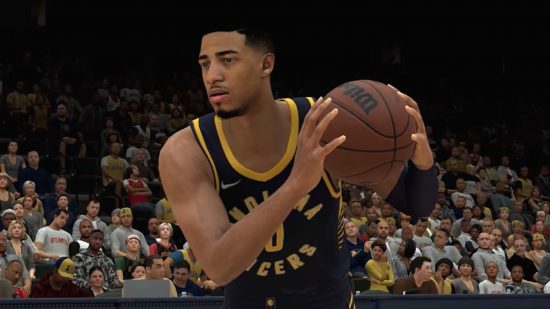 NBA 2k24 contact dunk requirements: a player holding a basketball in a busy arena
