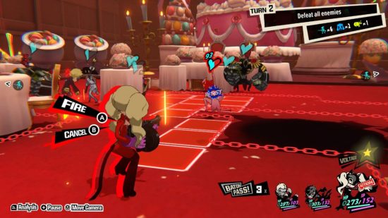 Persona 5 Tactica review: Ann firing a gun at an enemy in a red themed room
