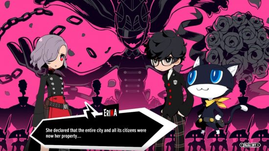 Persona 5 Tactica review: Joker, Morgana, and Erina talking in front of a black and pink background