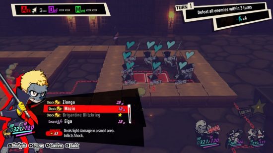 Persona 5 Tactica review: a view of the menu showing different attack options