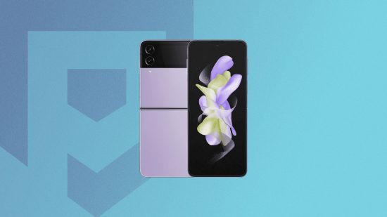 Samsung Flip phone price - The Z Flip 4 phone on a blue Pocket Tactics background
