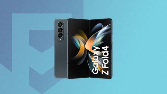 Samsung Flip phone price - The Z Fold4 phone on a blue Pocket Tactics background