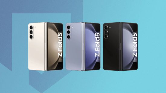 Samsung Flip phone price - The Z Fold5 phone on a blue Pocket Tactics background