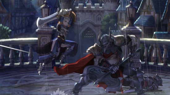 Unicorn Overlord release date: two characters fighting on a stone balcony