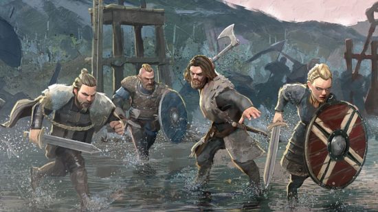 Vikings Valhalla release: four vikings running through a river