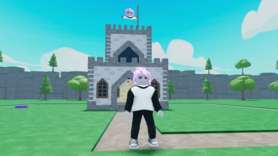 Village Defense Tycoon codes: a Roblox character standing outside a castle on a green field