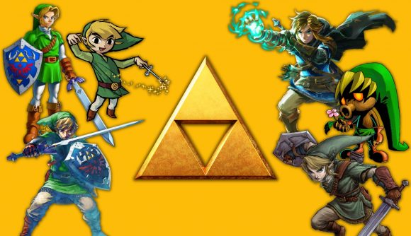 all Zelda games in order: Six different Link's surrounding a Triforce