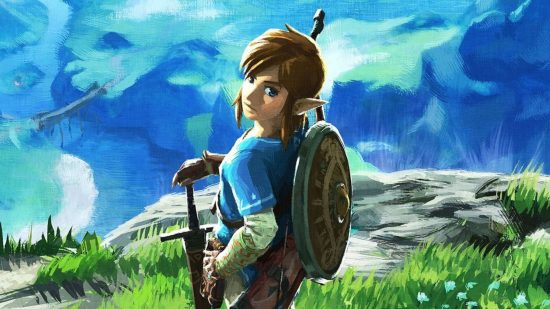 all Zelda games in order: Breath of the Wild's official artwork of Link on a hillside