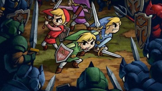 all Zelda games in order: Four Swords Adventure official artwork of four Links