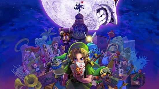 all Zelda games in order: the cast of characters in Majora's Mask against a night sky