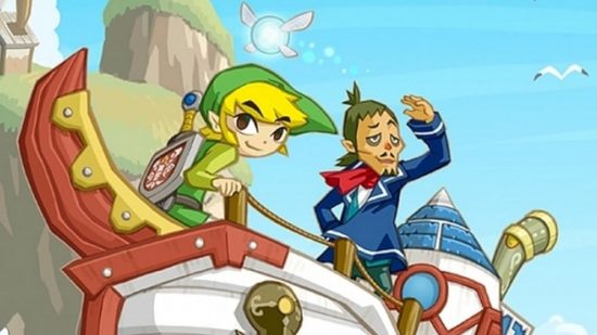 all Zelda games in order: Link on a boat in Phantom Hourglass with another character and Navi