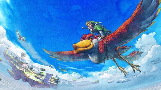 all Zelda games in order: Skyward Sword official artwork of Link on a Loftwing