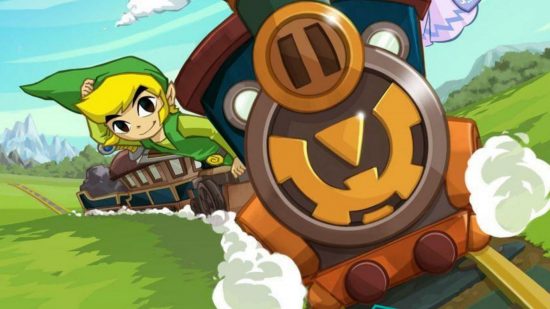 all Zelda games in order: official artwork of Link driving a train in Spirit Tracks