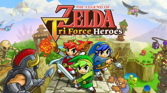 all Zelda games in order: Tri Force Heroes official artwork with three Link-like characters