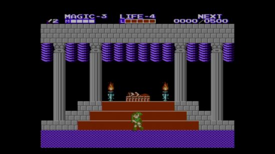 all Zelda games in order: a screenshot of Zelda II with Link inside a castle