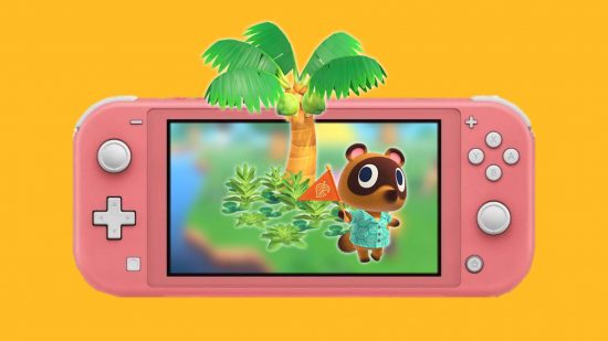Animal Crossing New Horizons Switch Lite: a pink Nintendo Switch Lite is shown against a yellow background