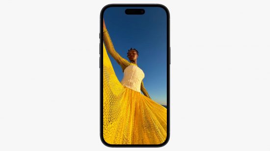Apple event header showing an iPhone on a white background with a photo of a woman in a yellow dress on the screen.