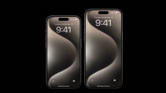 Apple event header showing two iPhones on a black background bother with an abstract grey background on the back.