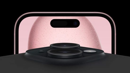 Apple event header showing an iPhone 15, the top of the screen, with a pill shaped island in the middle of a pink background.