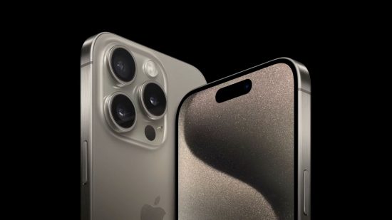 Apple event header showing an iPhone 15 Pro and Pro max in silvery white with three cameras showing on one and an abstract grey background on the other.