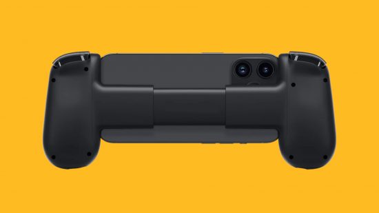 Backbone iPhone 15: The back of the Backbone One controller on a black iPhone 15, pasted on a mango background