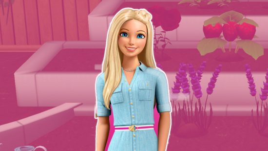 Barbie Dreamhouse Adventures release date: Barbie from the game outlined in white and pasted on a pink-tinted background screenshot of the game