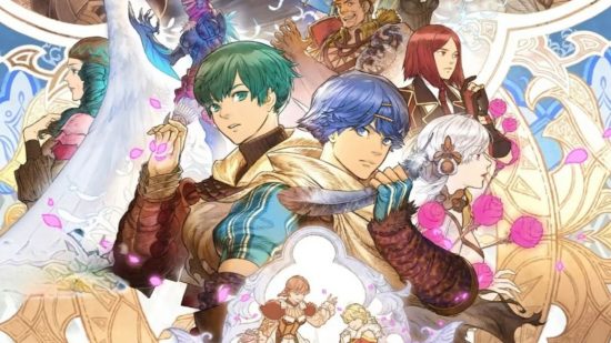 Baten Kaitos I & II HD Remaster review shot showing art from the game with two characters, one with blue hair the other with green, surrounded by a mural of lots of other characters in a white and blue almost religious setup.