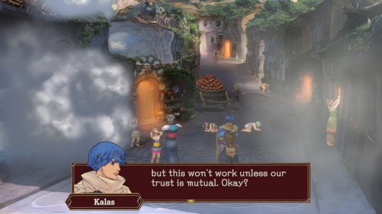 Baten Kaitos I & II HD Remaster review shot showing a town with a man with blue hair standing in the street.