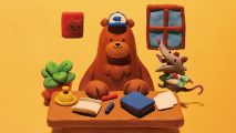 Bear and Breakfast giveaway: A claymation style art piece of Hank the bear sat at a desk in a mango room with a crazed possum by his side