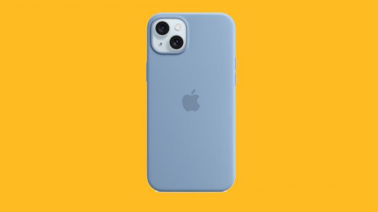 Best iPhone 15 Plus cases: A blue Apple silicone case pasted on a mango background