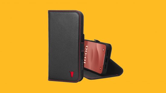 Best iPhone 15 Plus cases: The Torro leather wallet case in black and red on an iPhone 15, standing up closed and on its side open, pasted on a mango background