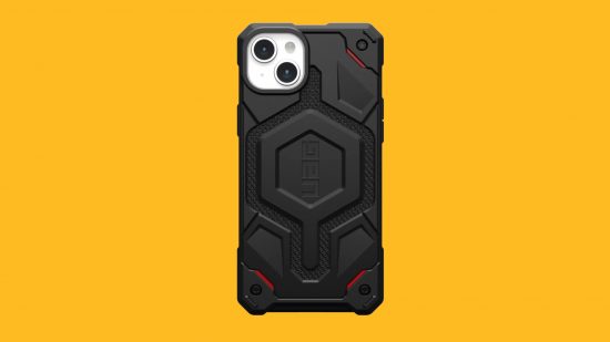Best iPhone 15 Plus cases: A UAG Monarch Kevlar case pasted on a mango background