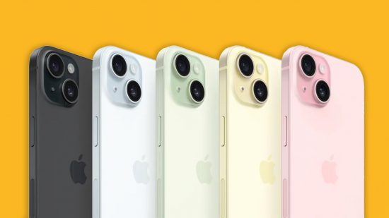 Five iPhone 15 handsets on a bright yellow background