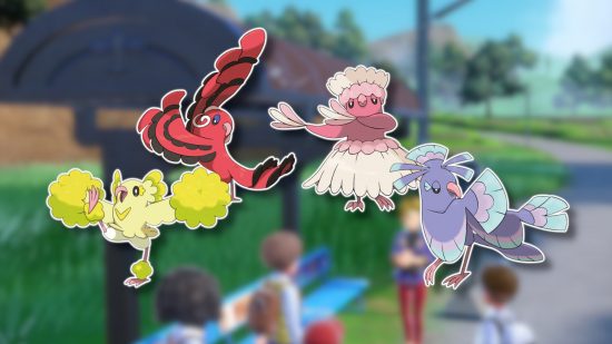 Bird Pokemon: All four forms of Oricorio (yellow, red, pink, and purple) outlined in white and pasted on a blurred Kitakami screenshot