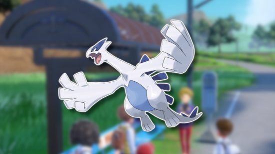 Bird Pokemon: Lugia outlined in white and pasted on a blurred Kitakami screenshot