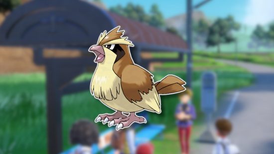 Bird Pokemon: Pidgey outlined in white and pasted on a blurred Kitakami screenshot