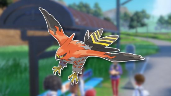 Bird Pokemon: Talonflame outlined in white and pasted on a blurred Kitakami screenshot
