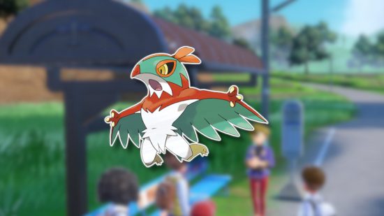 Bird Pokemon: Hawlucha outlined in white and pasted on a blurred Kitakami screenshot