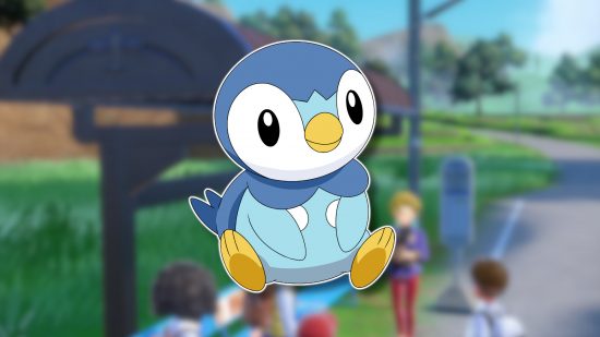 Bird Pokemon: Piplup sat down and facing the camera, outlined in white and pasted on a blurred Kitakami screenshot